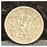 1877 NORWAY 10 ORE - 40% SILVER - *RARE DATE* -
