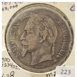 1869 FRANCE 5 FRANCS - 90% SILVER - 25 GRAMS