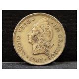 1947 DOMINICAN REPUBLIC MEDIO PESO - 90% SILVER -