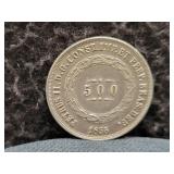 1855 BRAZIL 500 REIS - 91.7% SILVER - 6.37 GRAMS