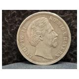 1874 GERMAN STATES (BAVARIA) 5 MARKS -90% SILVER -