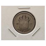 1918 SWEDEN 25 ORE - 60% SILVER - 2.42 GRAMS