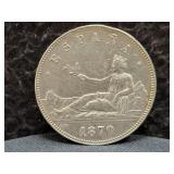 1870 SPAIN 5 PESETAS - 90% SILVER - 25 GRAMS
