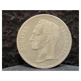 1902 VENIZUELLA 5 BOLIVARES - 90% SILVER - 25 GRAM