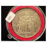 1876 FRANCE 5 FRANCS - 90% SILVER - 25 GRAMS