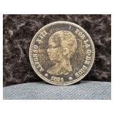 1891 SPAIN 1 PESETA PG-M - 83.5% SILVER - 5 GRAMS