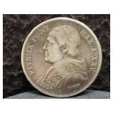 1870 PAPAL STATES 5 LIRE - 90% SILVER - 25 GRAMS