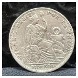 1914 PERU 1/5 SOL SILVER COIN - 90% SILVER -