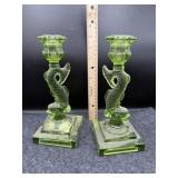 PAIR OF IMPERIAL GREEN GLASS DOLPHIN CANDLESTICKS