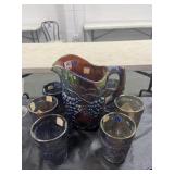 CARNIVAL GLASS PITCHER W/ 6 GLASSES -GRAPE PATTERN