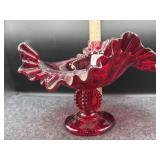 RUBY RED PEDESTAL RUFFLED EDGE COMPOTE