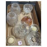 BOX OF MISMATCHED GLASS (FAIRY LAMP TOPS, ETC.)