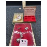 3 PC BROACH & EARRINGS, EARRING KEEPER, PILL BOX