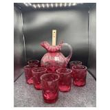 FENTON CRANBERRY COIN DOT PITCHER & (7) GLASSES
