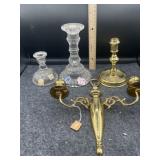 2 GLASS & 2 BRASS CANDLESTICK HOLDERS