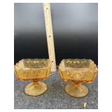 2 PC SMALL AMBER PEDESTAL BOWLS