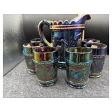 FENTON STORK AND RUSHES PITCHER W/ (6) GLASSES