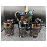 FENTON STORK AND RUSHES PITCHER W/ (6) GLASSES