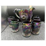MOSSER GLASS PITCHER & (6) GLASSES -CARNIVAL GLASS