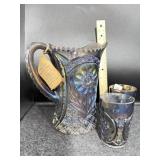 IMPERIAL MAYFLOWER CARNIVAL GLASS PITCHER W/ (2)