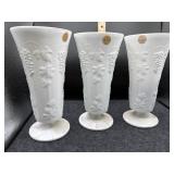 3 PC HARVEST GRAPE MILK GLASS VASES