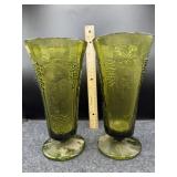 2 PC INDIANA GLASS GREEN HARVEST GRAPE VASE