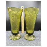 2 PC INDIANA GLASS GREEN HARVEST GRAPE VASE