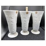 3 PC HARVEST GRAPE MILK GLASS VASES