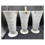 3 PC HARVEST GRAPE MILK GLASS VASES