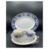 4 PC WEDGEWOOD BLUE SEAM PLATTER, BOWL, CREAM &