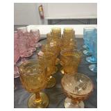 13 AMBER ASSTD. PATTERN GOBLETS & 1 SHERBET