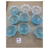 (7) BLUE & (2) CLEAR DUNCAN SALT CELLARS