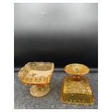2 PC SMALL AMBER PEDESTAL BOWLS
