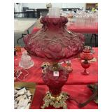 20" ROSE PATTERN RED ELECTRIFIED OIL LAMP