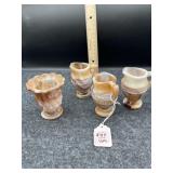 3 INDIVIDUAL SIZE SLAG GLASS CREAMERS, 1 TOOTHPICK