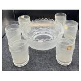 7 PC CRANE AND RUSHES BOWL & 6 WATER GLASSES