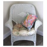 Vintage White Wicker Armchair w/ Cushion & Pillow