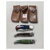(3) DAMASCUS BLADE FOLDING KNIVES W/ LEATHER