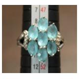 925 Silver 7 Cluster Blue Zircon Gemstone Ring
