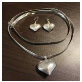Vtg Etched 925 Silver Heart Necklace & Earrings