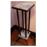 Vtg Marble Top 2 Tier Pedestal Bobbin Turned Table