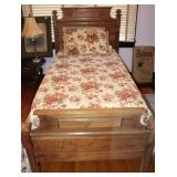 Antique Wooden Twin Bed w/ Floral Bedding