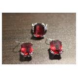 Red Square Gem Ring Size 6 & Earring Set