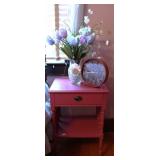 Pink Wooden End Table w/ Faux Flowers & Clock