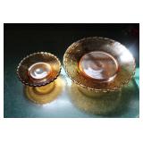 2pc. Vtg Depression Amber Pedestal Plates