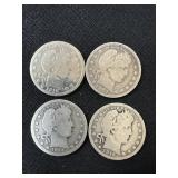 4 BARBER QUARTERS - 90 PERCENT SILVER