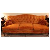 Vintage MCM Tangerine Velvet Button Tufted Sofa