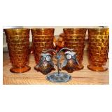 (4) Indiana Amber Whitehall Glasses w/ Owl Shakers