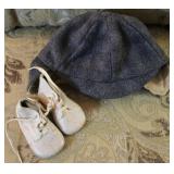 Vtg Childs Grey Herringbone Tweed Hat & Baby Shoes
