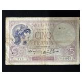 1939 FRANCE 5 FRANCS NOTE